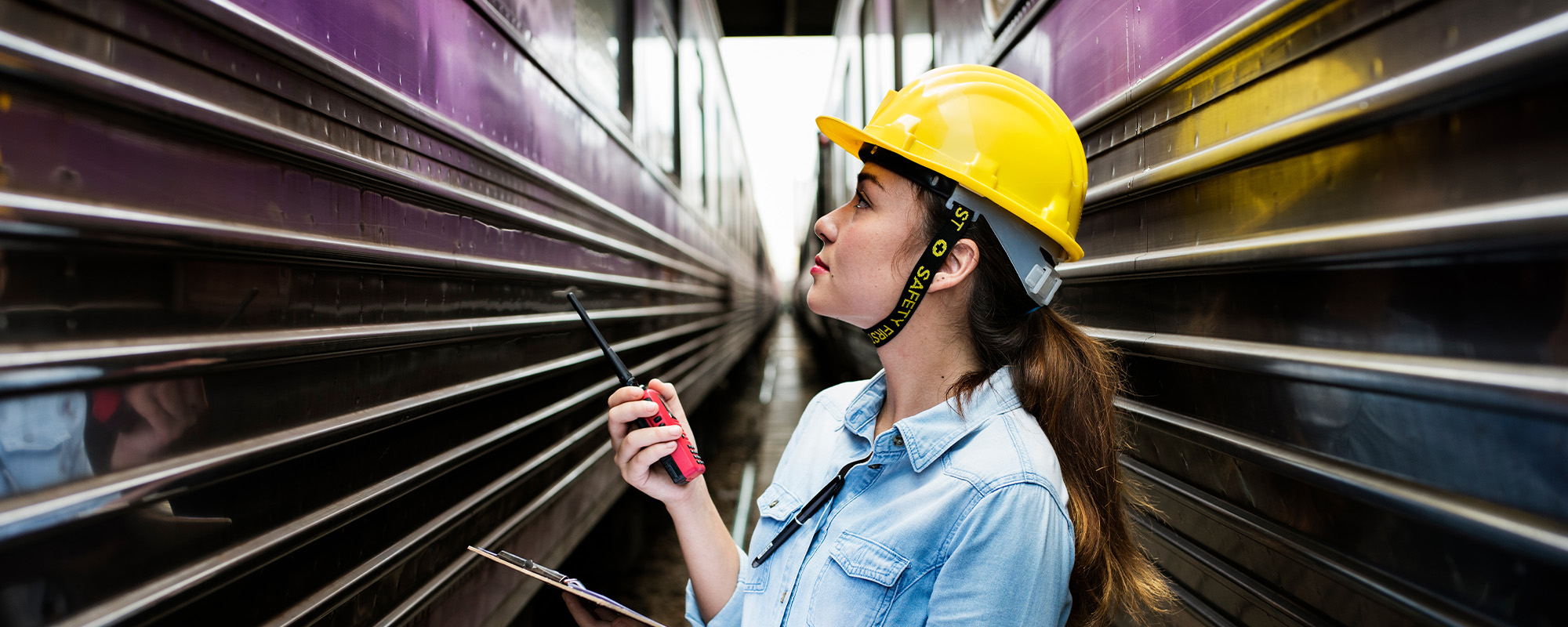 woman survey train safety project concept