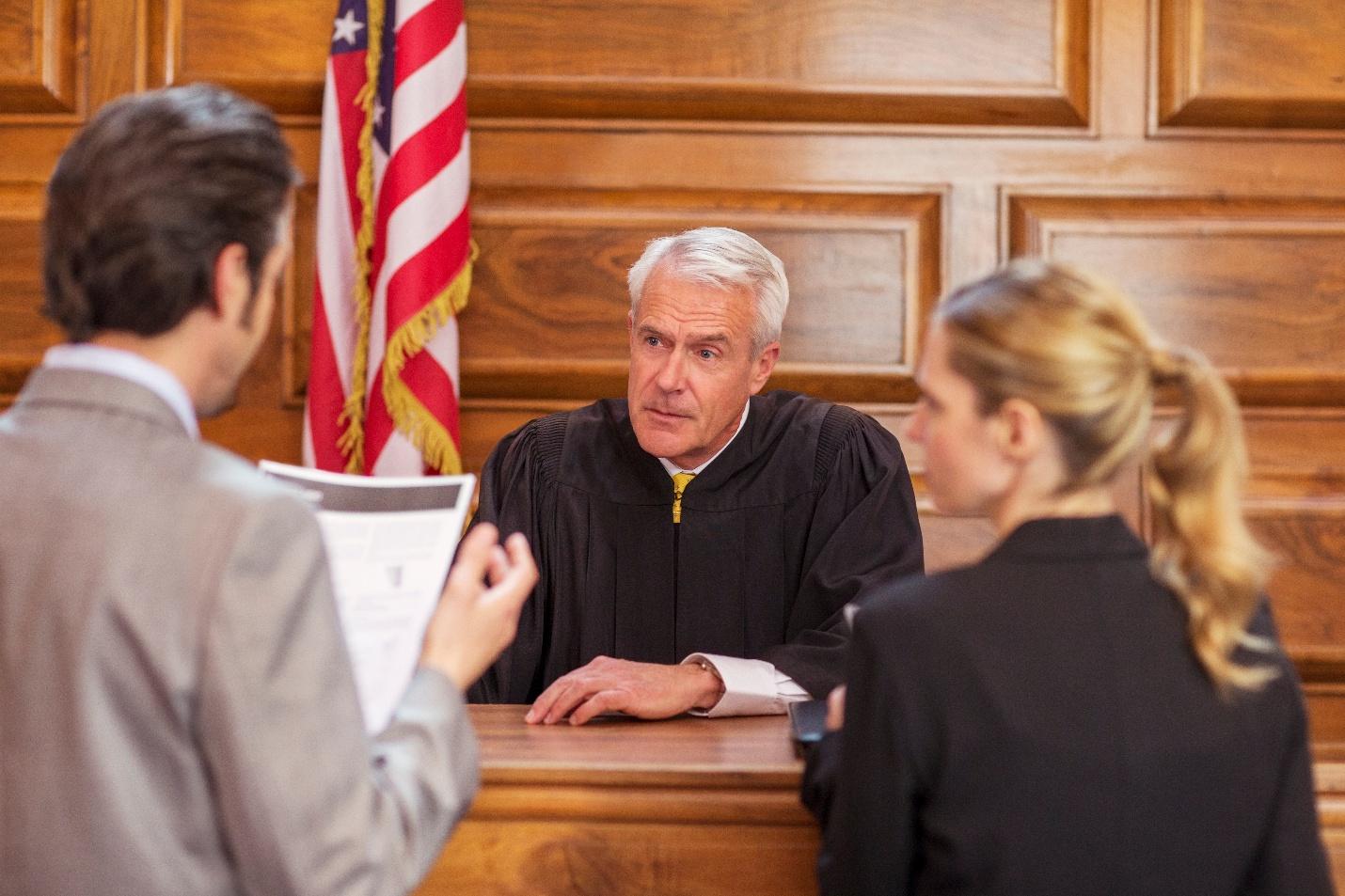 lawyer and client talking to a judge